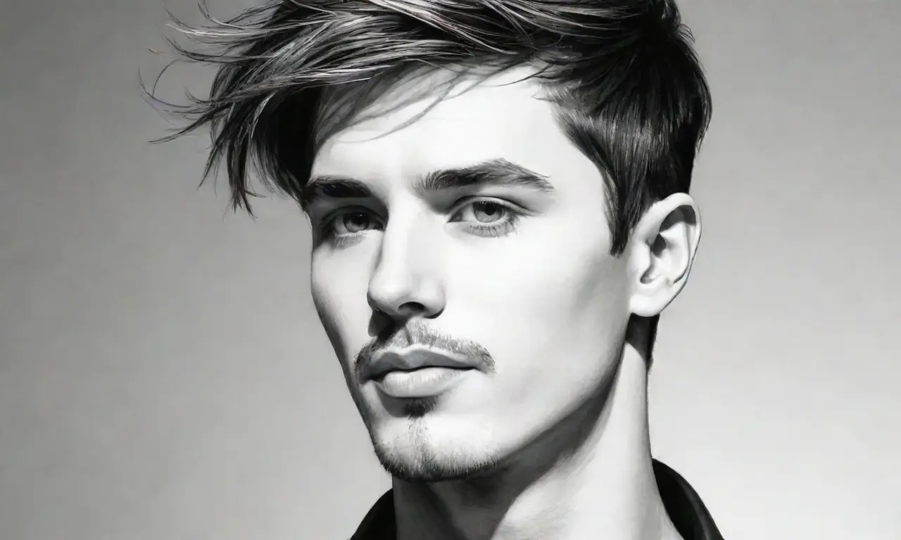 Un hombre estilizado con cabello texturizado y moderno se presenta en un diseño minimalista con sombras y contrastes que destacan su apariencia