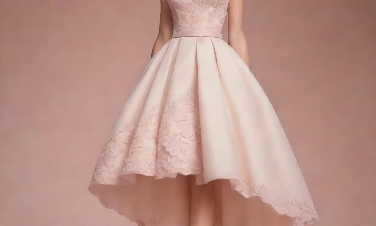 Una elegante composición en suaves tonos pastel muestra un vestido formal con detalles delicados y posturas graciosas