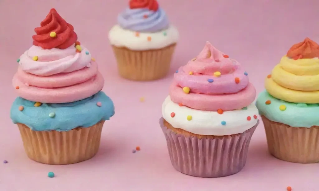 Colores pasteles brillantes y texturas suaves en cupcakes decorados con glaseado cremoso y toques de fantasía