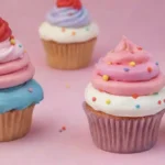 Colores pasteles brillantes y texturas suaves en cupcakes decorados con glaseado cremoso y toques de fantasía