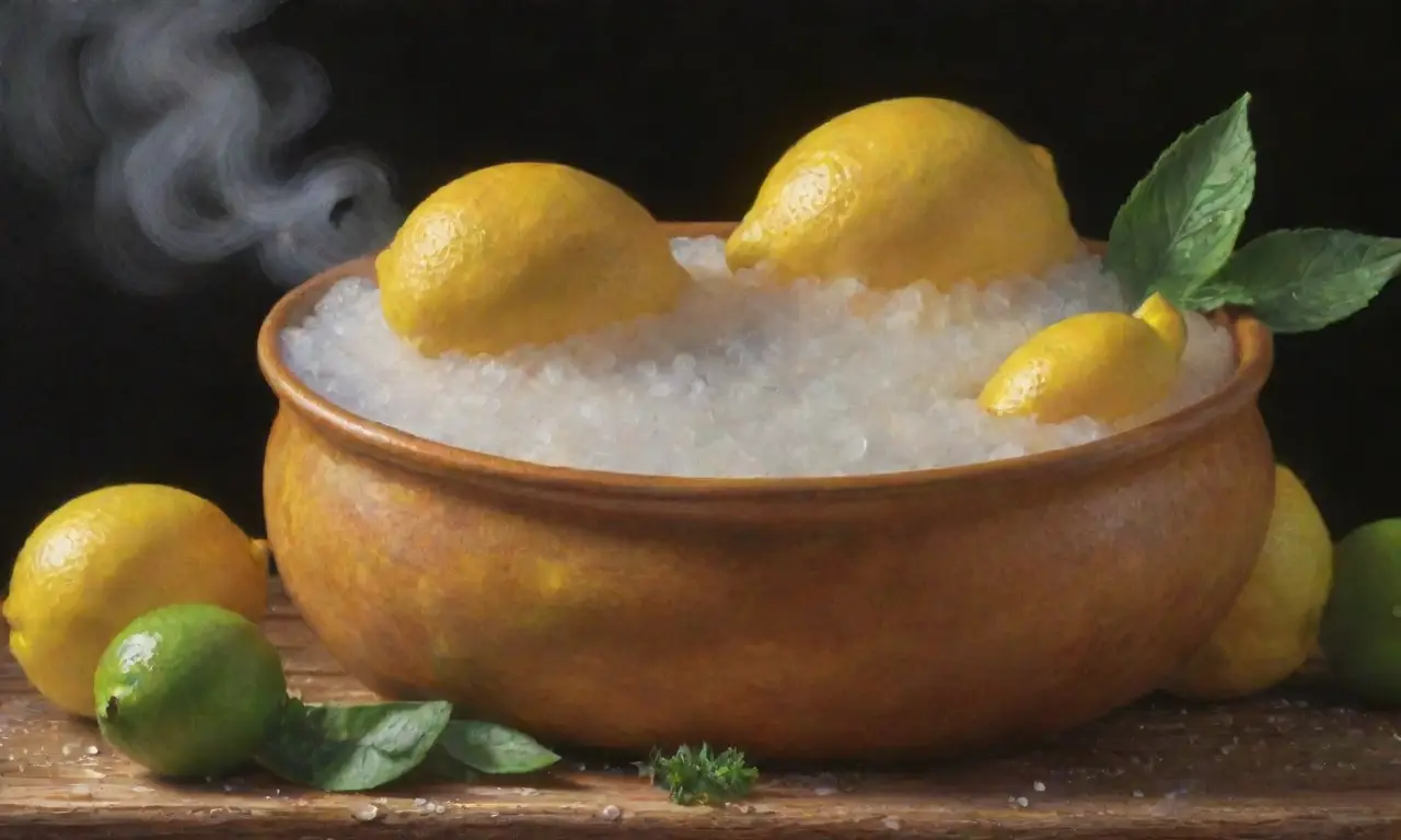 Un vibrante y acogedor bodegón de limones, arroz y hierbas frescas en una cocina
