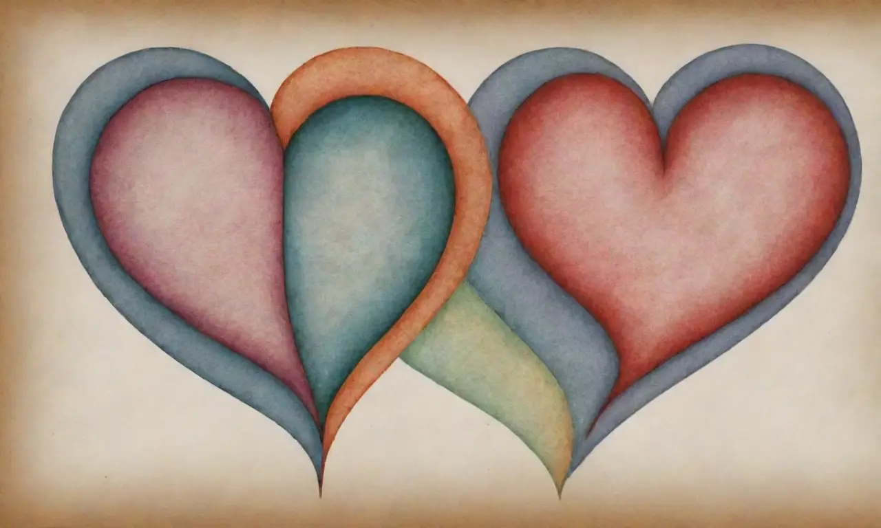 Tres corazones entrelazados con texturas y contrastes que expresan complejidad y emociones