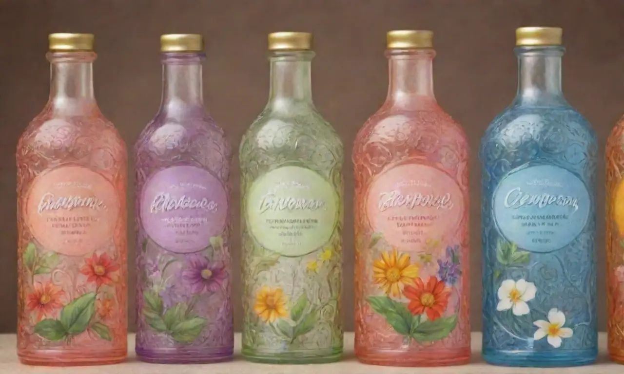 Ilustración elegante de botellas de vidrio con colores vibrantes y detalles florales