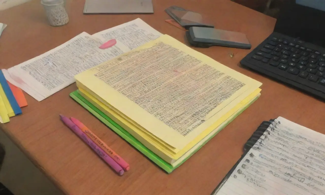 Un escritorio ordenado con libros, papeles y útiles de estudio destaca entre sombras y colores