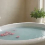El baño emana una atmósfera serena con tonos azules