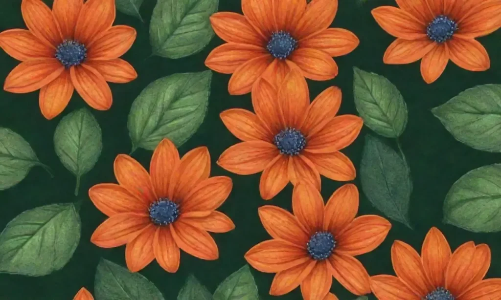 Flores de pétalos naranjas con sombras intrincadas y hojas verdes