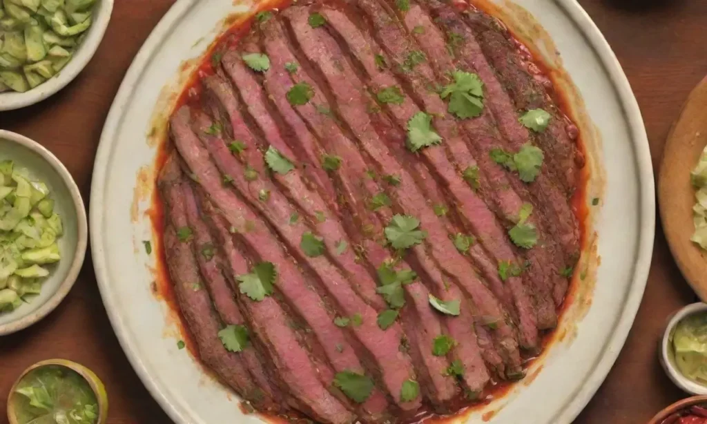 Un vibrante plato presenta carne jugosa y coloridos ingredientes que crean una composición cautivadora