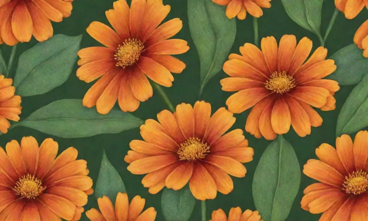 Flores de cempasúchil vibrantes con pétalos intrincados y suaves sombras, rodeadas de verdes hojas y un fondo armonioso