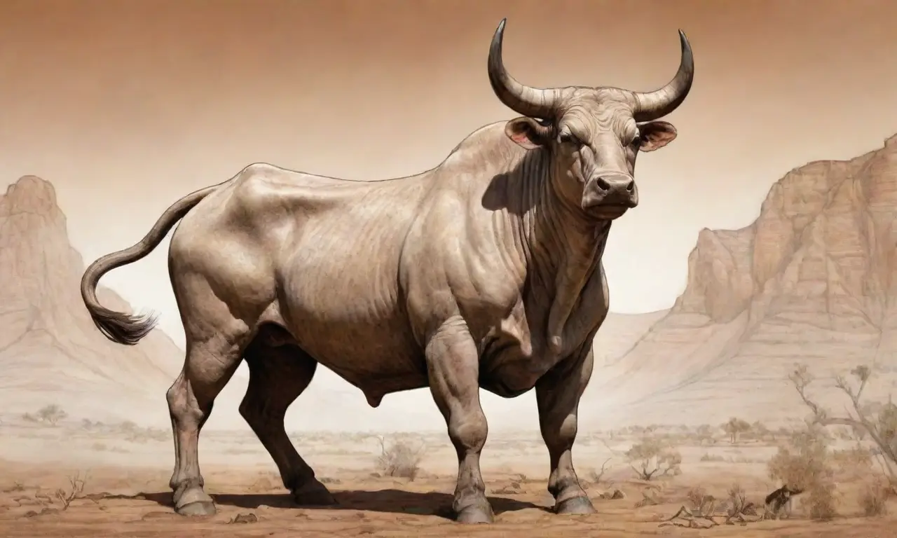 Un poderoso toro con musculatura definida y detalles intrincados, en un fondo de nubes y luz etérea, simboliza fuerza y serenidad