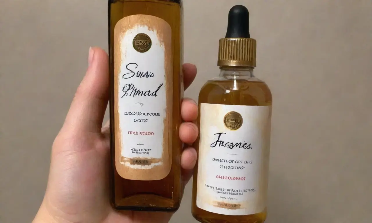 Botella de aceite de almendra con brillo y suaves labios hidratados en un fondo armonioso