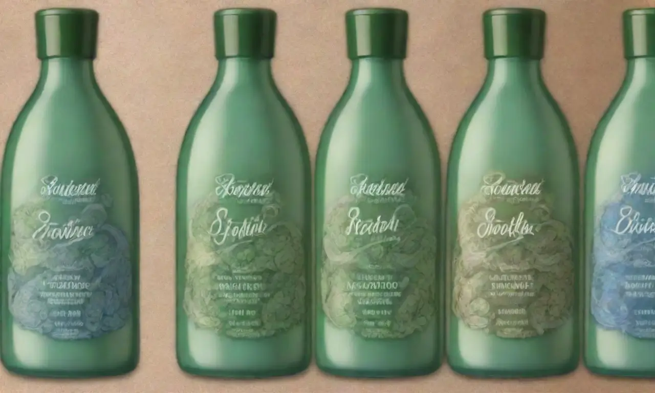 Bottles de champú con elegante tipografía y textura rodeadas de hojas verdes en un ambiente cálido y armónico