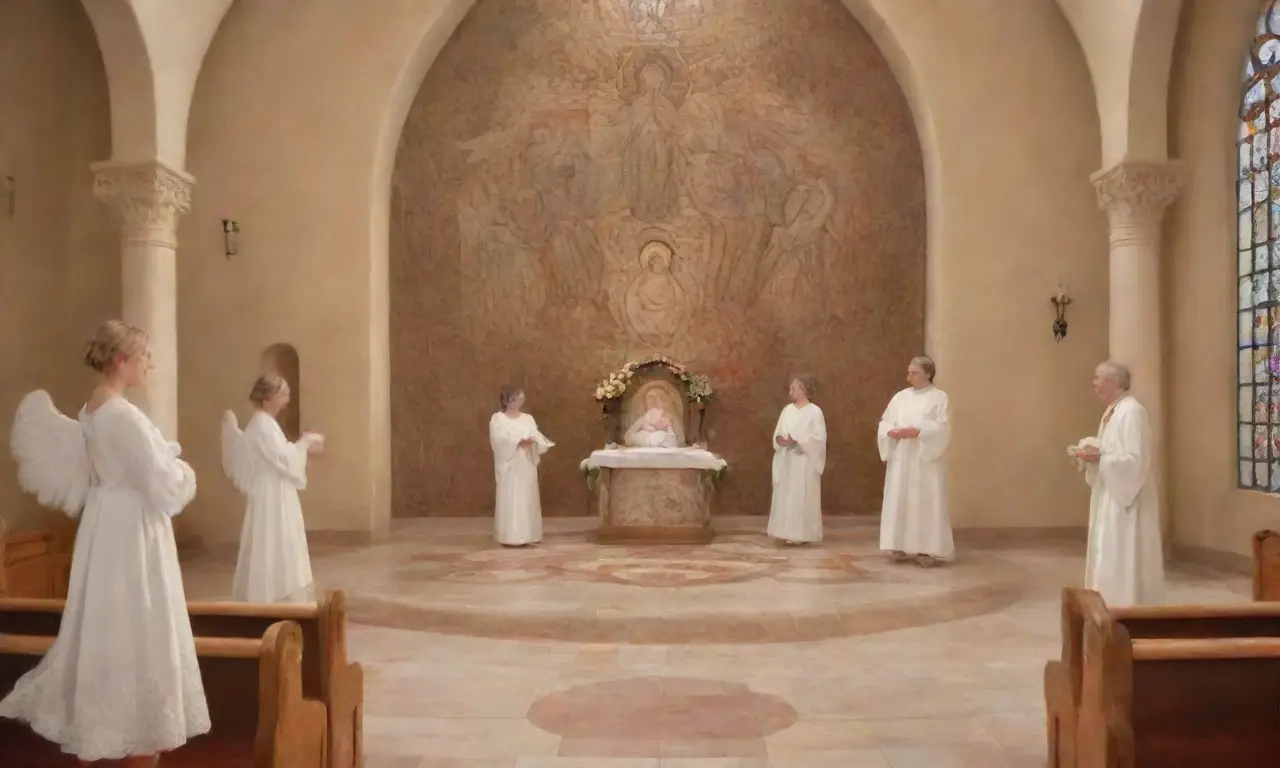 Un interior de iglesia iluminado suavemente, con vitrales coloridos, una pareja sonriente con un bebé y una atmósfera de reverencia