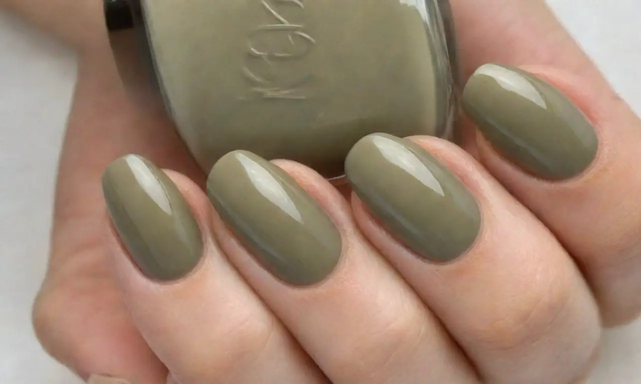 Diseño de uñas en verde oliva con acabado brillante y elegancia atemporal