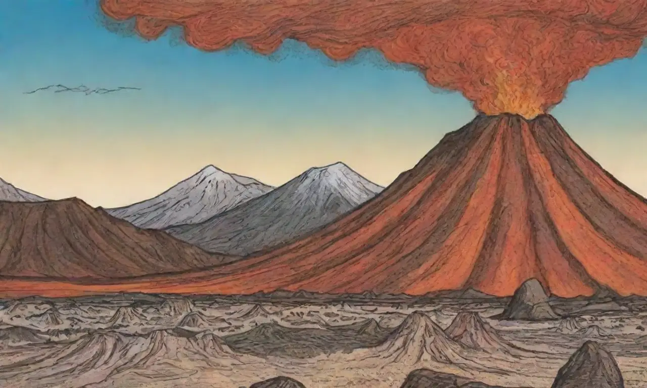 Un paisaje volcánico vibrante y dinámico con líneas definidas, colores intensos y detalles intricados