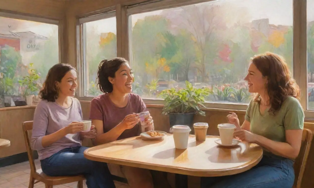 Una escena vibrante de un café con luz cálida, risas, y gestos expresivos