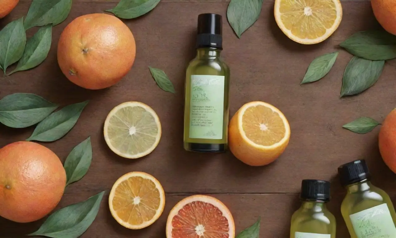 Líneas suaves y etéreas crean una composición armoniosa de botellas de aceite esencial, frutas y hojas con colores suaves