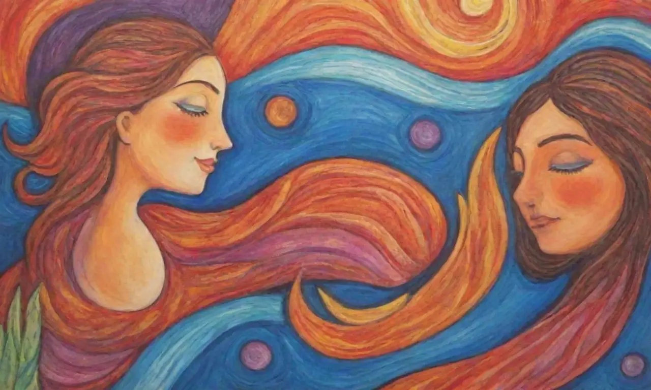 Colores vibrantes y pasteles se combinan en una composición dinámica y armónica con simbología de Leo y Piscis