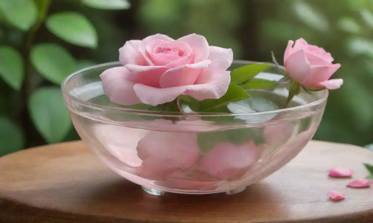 Pétalos de rosa suave en un cuenco de vidrio reflejante crean una atmósfera serena y relajante
