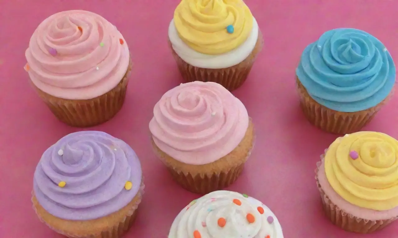 Colores pastel brillantes y suaves, cupcakes decorados con glaseado delicado, sombras suaves y un ambiente cálido y festivo