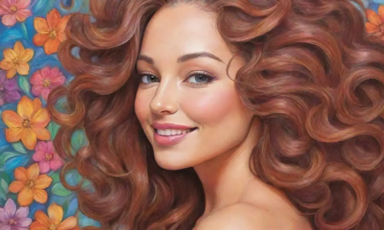 Una mujer sonriente con cabello elegante y fondo florido irradia alegría y confianza en un ambiente armonioso