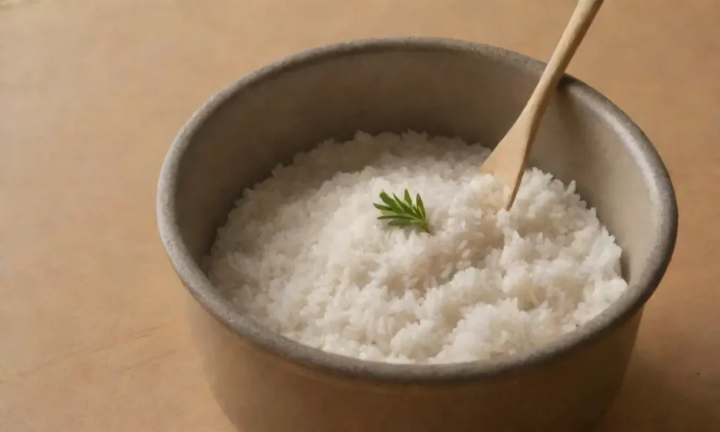 Una olla de arroz humeante con granos esponjosos y un ambiente cálido