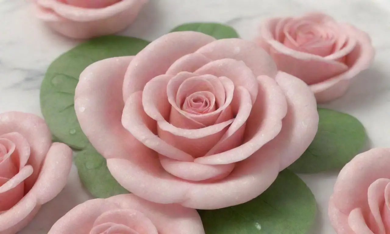 Pétalos rosas sobre mármol blanco crean una escena serena y acogedora