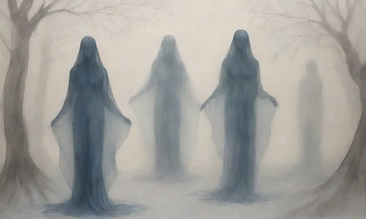 Una obra artística con sombras suaves, figuras fantasmales y una paleta de colores apagados que evoca nostalgia y misterio