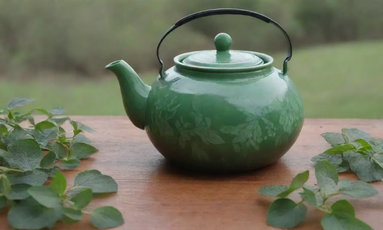 Una escena serena con hojas verdes, un tetera de cristal y té ámbar en una mesa de madera rústica