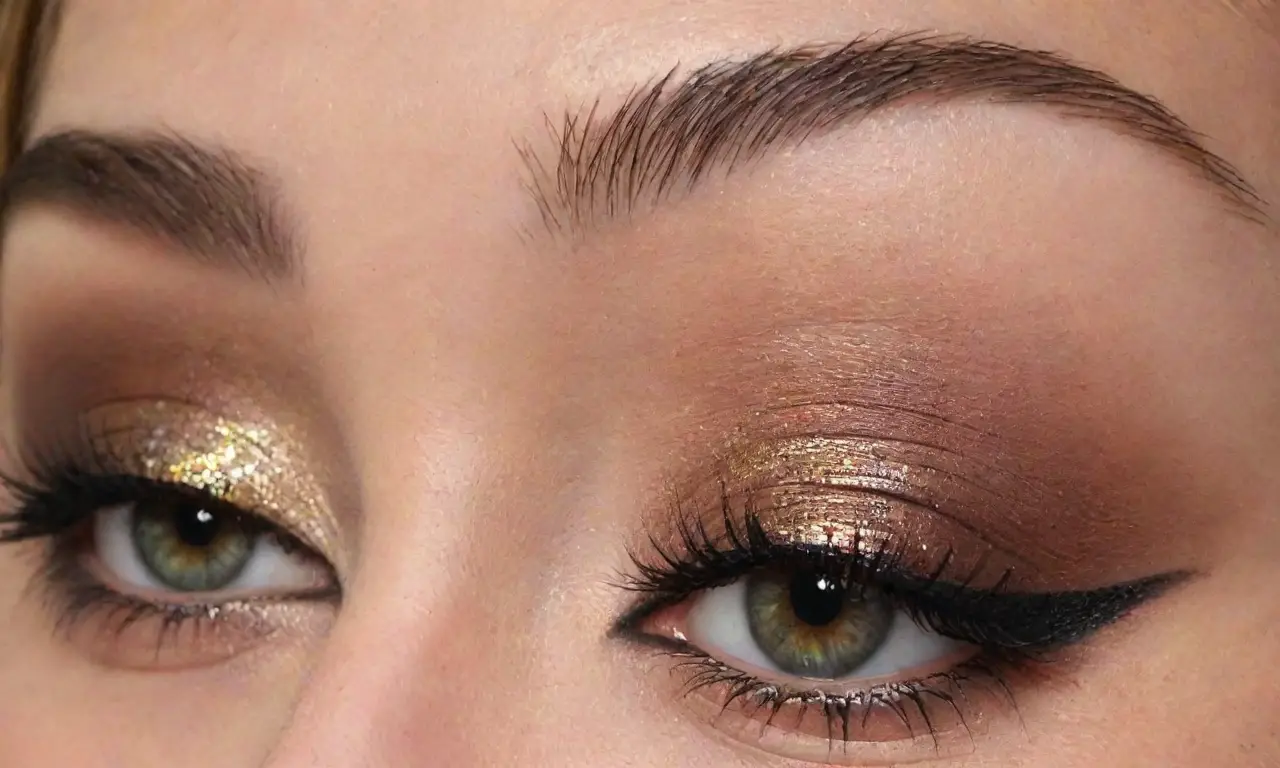 Maquillaje de ojos con líneas definidas, sombras suaves, brillos y color vibrante