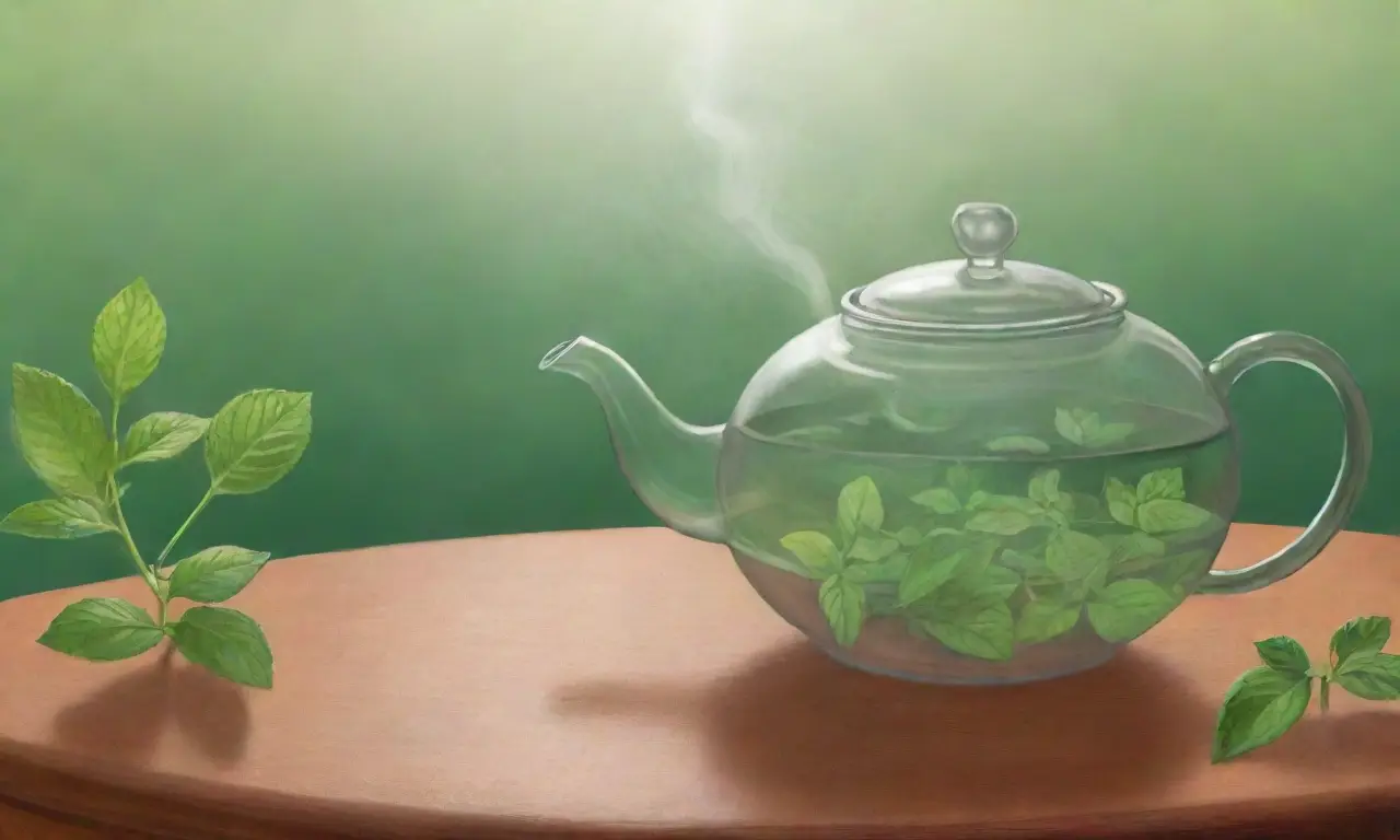 Un elegante teapot de línea intrincada se mezcla con hojas de menta y un ambiente acogedor
