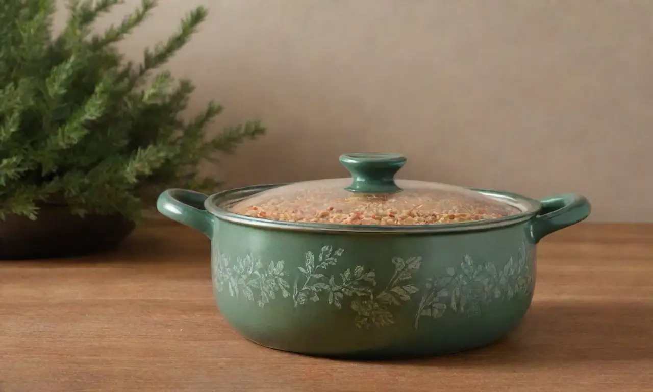 Una elegante olla antiadherente brilla suavemente, con arroz brillante y hierbas vibrantes que contrastan