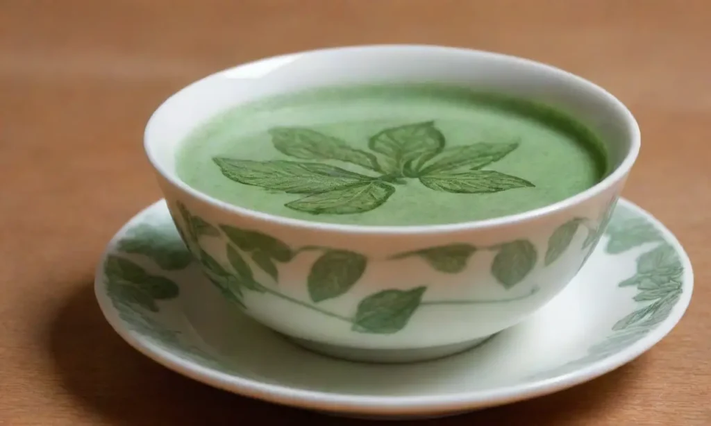 Hojas de menta verde brillante junto a una taza de té humeante en un cálido ambiente