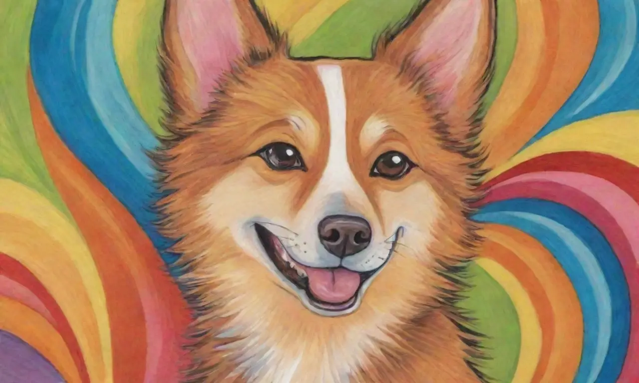 Un perro dinámico con pelaje vibrante y fondo colorido que evoca alegría y energía