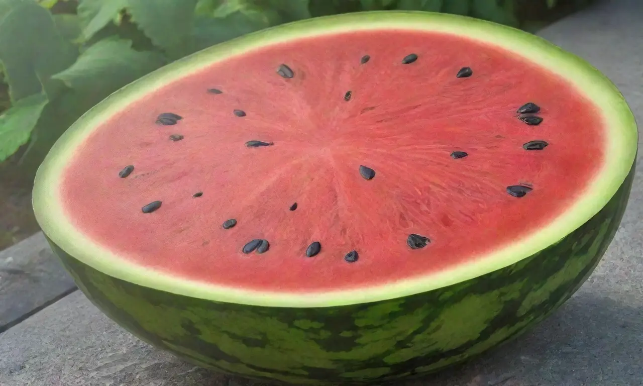 Rebanada de sandía vibrante con rojo intenso, semillas negras brillantes y fondo de hojas verdes