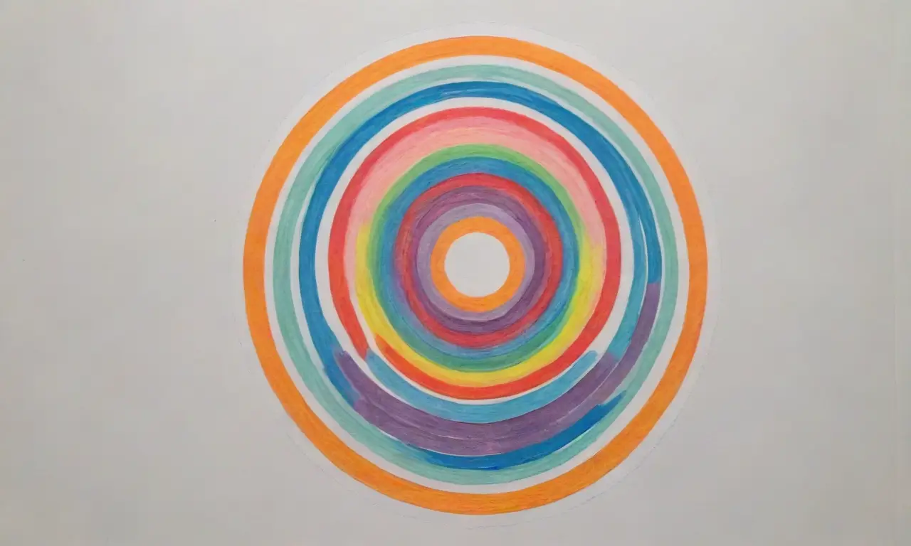 Un círculo central con contorno negro, sombra suave, fondo blanco y elementos gráficos vibrantes y bien balanceados